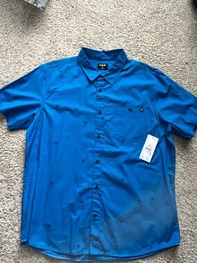 Hurley Men’s Short Sleeve Button-Down Shirt - Bright Blue with Subtle Palm Print